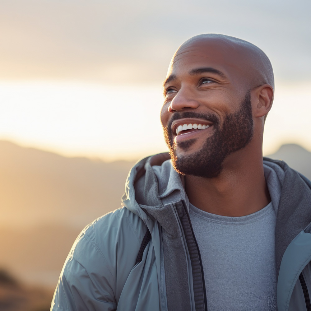 smiling hiker in the mountain sunset